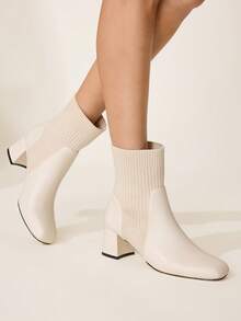 CUCCOO CHICEST 女士时尚百搭通勤粗跟踝靴 - 米色 - 查看 6