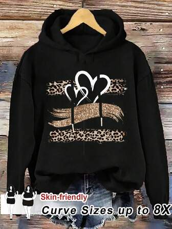 SHEIN CURVE+ Plus Size Women Heart & Leopard Print Drawstring Hooded Casual Pullover Sweatshirt, Suitable For Commuting