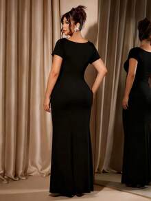 Cravure Plus Size Women Elegant Daily Party Beaded & Rhinestone Embellished Split Hem Short Sleeve Dress - Black - View 2