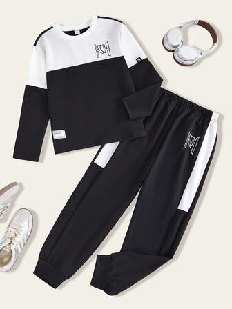 Casuvi Kids 2pcs/Set Tween BoyBlack & White Contrast Color Block Print Crew Neck Long Sleeve Casual Sports Outfit