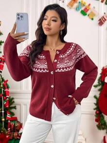 SHEIN LUNE Plus Size Geometric Pattern Front Button Casual Long Sleeve Cardigan Christmas - Multicolor - View 7