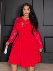 Slaydiva 秋季新款蕾丝拼接修身A字公主风晚礼服，适合情人节约会、生日派对、宴会、返校、日常休闲穿着、邮轮旅行、潮流时尚、优雅大方、通勤、商务休闲等场合 - 红色，大码 - 紅色 - 查看 13