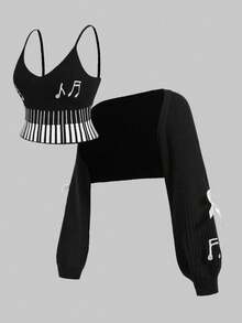 ROMWE Kawaii Bộ áo len cardigan dệt kim họa tiết nốt nhạc và phím đàn piano Y2K cổ điển cỡ lớn - màu đen - Xem 2