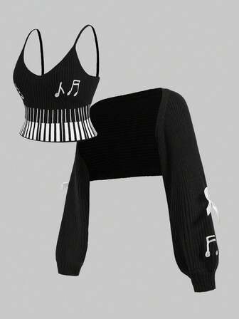 Kawaii Plus Size Retro Y2K Piano Key & Music Note Pattern Knitted Camisole Cardigan Set