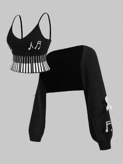 Kawaii Ensemble camisole et cardigan tricotés à motif de touches de piano et de notes de musique, style rétro Y2K, grande taille