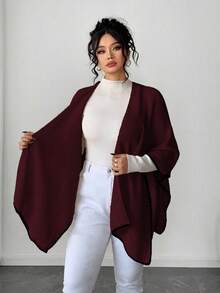 Elenzga 女士优雅时尚宽松大码毛衣斗篷，适合秋冬季外套穿着 - 酒紅色 - 查看 7