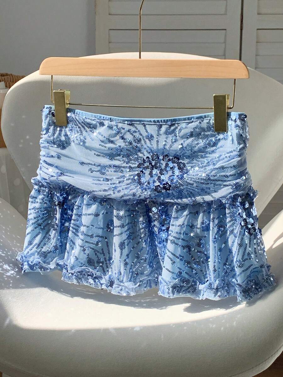 Comfortcana Fashionable Blue Sequin Low Waist Mini Skirt, Summer  Rhinestone Shorts