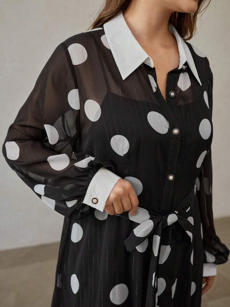 PLUS SIZE POLKA DOT LIGHTWEIGHT SEMI-SHEER DRESS WITH SHIRT COLLAR, SPRING/SUMMER