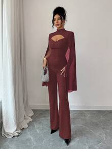 SHEIN Elenzya جمبسوت نسائية ذات ياقة عالية وظهر مكشوف مزينة بالبريق للحفلات - أحمر بنفسجي - مشاهدة 3