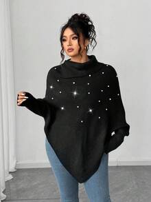 Elenzga Plus Size Women Winter Asymmetrical High Neck Long Sleeve Fashionable Sexy Pearl Solid Pullover Sweater - Black - View 3