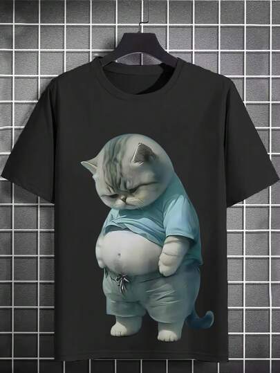 Manfinity Dauomo Plus Size Men's Cat Print Round Neck Short Sleeve Casual Versatile T-Shirt