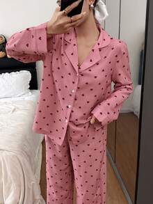 SHEIN Women's Loose Turndown Collar Red Heart Print Long Sleeve Pajama Set Soft Pajamas Set Heart Pajama Set Sleepwear Women Button Up Pajamas Women - Multicolor - View 5