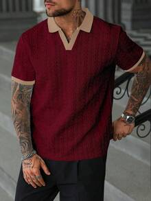 Manfinity CasualCool 男士撞色短袖休闲通勤针织衫，男士纽扣针织短袖Polo衫，酒红色和白色衬衫，男士酒红色衬衫，适合日常休闲、周末旅行、户外活动、探险旅行、轻松的工作环境或半正式场合，也是送给男友/丈夫、周年纪念日或圣诞节的理想礼物。 - 酒紅色 - 查看 3