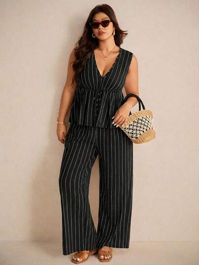 Elaquor Plus Size Casual Black Striped Sleeveless V Neck Woven Fabric Top And Long Pants Co-Ord Set