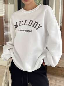 DAZY Women's Autumn/Winter Fleece Lined Crew Neck Loose Pullover Sweatshirt With Letter Embroidery, Casual Urban Street Style