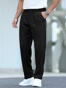 Manfinity Mode Herren Business Pendler schwarze Webstoff Gerade Bein Anzughose mit Reißverschluss, Herren einfarbige plissierte Taschen Casual/Business Anzughose - Schwarz - Übersicht 4