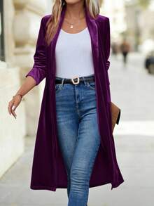 SHEIN Clasi Solid Open Front Coat In Fall/Winter For Women - Purple - View 3