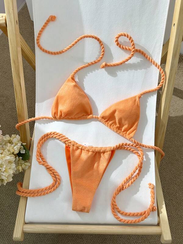 Swim Mod 2-Piece Textured Solid Color Halter Neck Triangle Bra And Side Tie Swim Bottoms Sexy Bikini Set, Spring/Summer Brazilian Bikini Set Thong Bikini Set For Women Orange Bikini Set Orange Bathing Suit Women Solid Color Bikini Set
