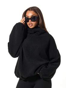 SUMWON WOMEN Áo hoodie Sherpa Borg cỡ lớn có dây rút, tay dài, ấm áp, mặc thường ngày, dạo phố mùa đông - màu đen - Xem 1