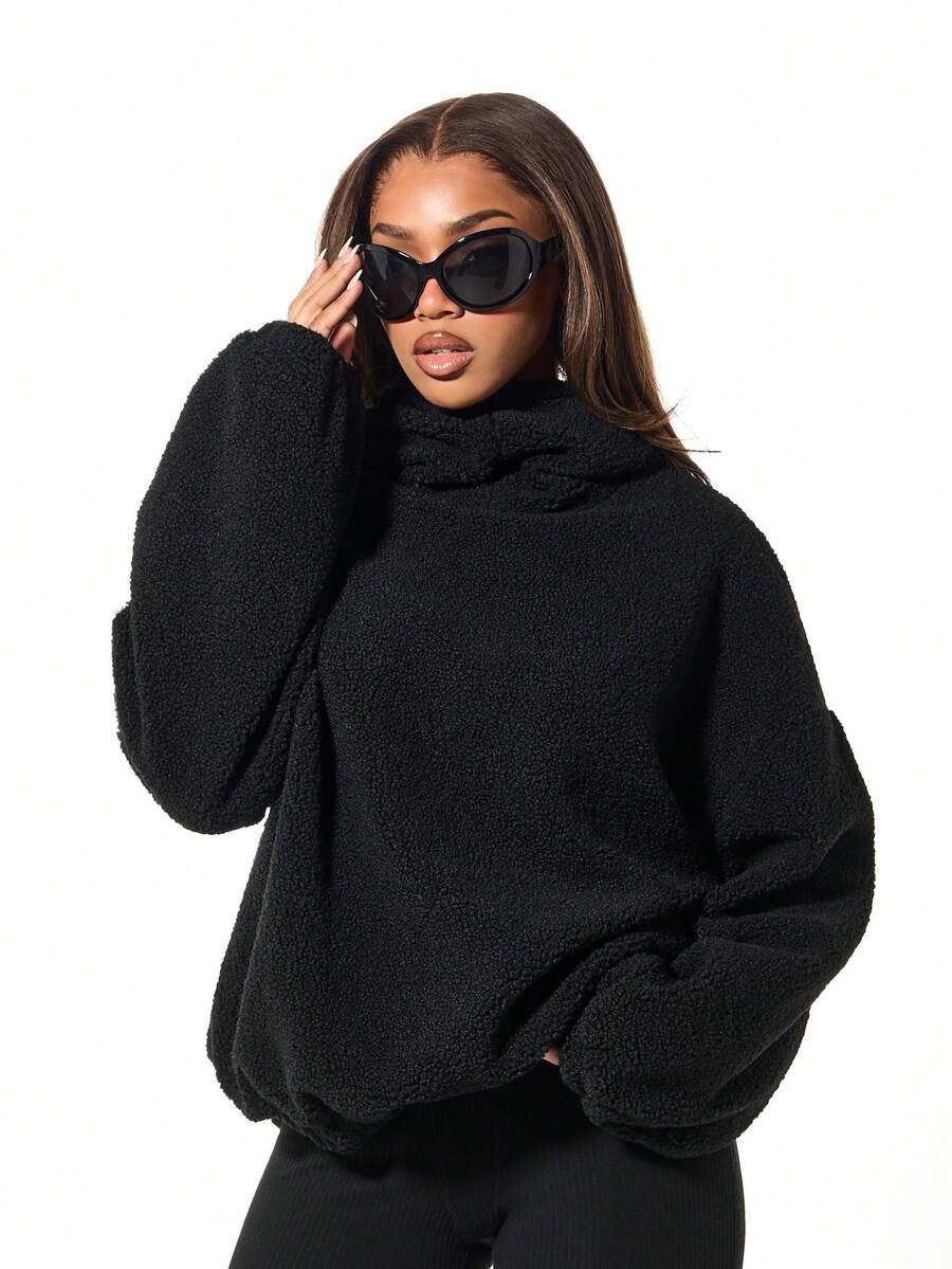 SUMWON WOMEN Áo hoodie Sherpa Borg cỡ lớn có dây rút, tay dài, ấm áp, mặc thường ngày, dạo phố mùa đông - màu đen - Xem 1