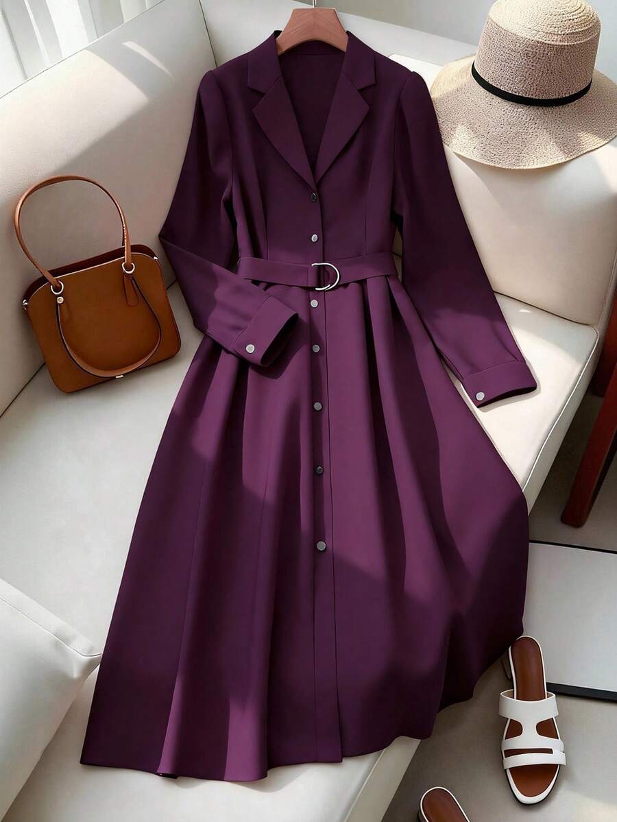 Franclia Plus Size Elegant Commuter Solid Color Front Button Dress Purple Midi Dress Plum Dress Elegant Midi Dress Long Sleeve Elegant Dress Purple Elegant Dress Women