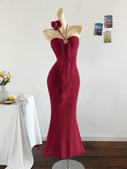 Soleia Women's Vacation Blue Knit Mesh Romantic Fitted Halter Tie Metal Buckle Decor Fishtail Dress, Suitable For Party, Christmas, Date, Nightclub, Bohemian, Boho, Vacation, Fall