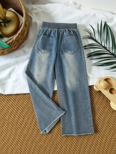 SHEIN Tween GirlsWide Leg Jeans, Light Blue Washed Pockets & Frayed Hem Design, Casual Loose Fit Elastic Waist, Suitable For Daily, Party, School, Travel, Autumn/Fall New Arrival