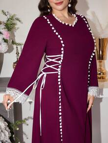 Modelyn Elegant Floral Lace Trim Long Sleeve A-Line Waist Tie Dress, Suitable For Spring, Autumn Daily And Party Occasions, Plus Size - Red Violet - View 7