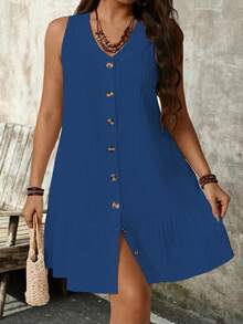 SHEIN PETITE Plus Size Sleeveless V-Neck Textured Fabric Dress - Royal Blue - View 3