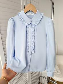 SHEIN 少女宽松休闲优雅荷叶边泡泡袖纽扣衬衫，长袖上衣，舒适日常休闲校服衬衫 - 淺藍色 - 查看 2