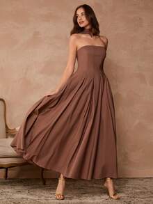 Enchnt Vestido sin tirantes con diseño plisado y acampanado, de moda para fiestas y reuniones - Café integral - Ver 6