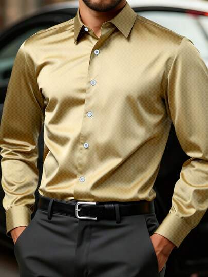 Manfinity AFTRDRK Men's Business Formal Dress Shirt, Long Sleeve Beige Shirt For Men Business Casual Shirts Tan Shirts For Men Mens Luxury Shirts Gold Dress Shirt Men Old Money,Daily Leisure, Weekend Trips, Outdoor Activities, Travel Expeditions, Relaxed Work Environments Or Semi-Formal Occasions, Boyfriend/Husband Gift, Anniversary /Birthday Gift Party Christmas New Years Wedding