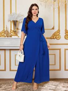 Reflora Bộ đồ liền thân tay cánh bướm cỡ lớn dành cho nữ, ống rộng, thích hợp cho mùa hè - Màu xanh lam - Xem 5