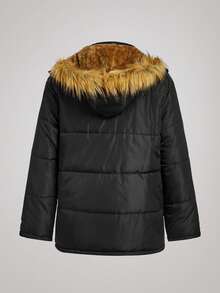 Officeau Men's Winter Padded Coat, Thermal Lined, Thickened Padded Coat With Fur Collar And Hooded Zipper - Black - View 2