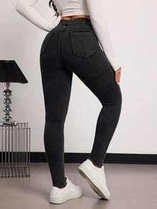 SHEIN Tall Winter Summer Women's Casual Skinny Fit Jeans, Street Fashion Comfortable Stretch Knit Black Washed Denim Jeans - Black - View 5