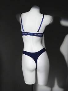 SHEIN Women Lace Underwire Soft Cup Bra Set - Navy Blue - View 2