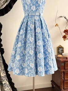 Vintamour 复古经典优雅女士连衣裙，修身提花连衣裙，船领无袖连衣裙，系带连衣裙，蓝色连衣裙，秋冬款 - 藍色 - 查看 3