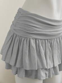 Elamini 米色褶皱高腰低腰双层雪纺半身裙，度假风迷你裙 - 灰色 - 查看 6