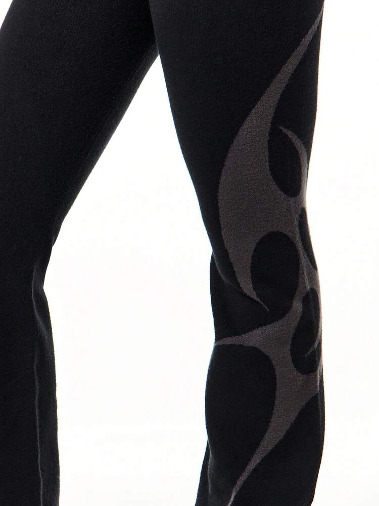 SUMWON Knitted Fold Over Waistband Flared Flame Graphic Trousers Casual Lounge Pants With High Rise Design