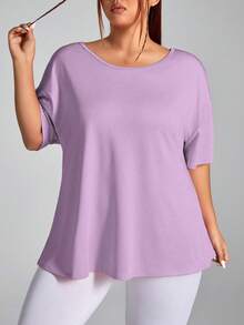 SHEIN Rhythm Era Áo thun thể thao tay ngắn hở lưng màu trơn cỡ lớn - Màu tím hoa cà - Xem 3