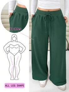 Solflare Plus Drawstring Waist Wide Leg Pants - Dark Green - View 1