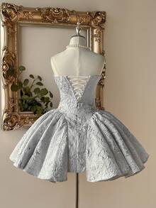 Lovelzi Váy dạ hội trang trọng ngắn dáng chữ A, cổ tròn, eo cổ điển, chất liệu vải dệt jacquard màu đỏ sang trọng và thanh lịch dành cho nữ - trắng - Xem 2