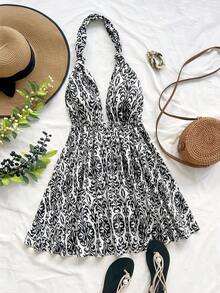 Soleia Women's Allover Print Halter Backless Sleeveless Mini Dress Summer Dress Vacation Women Sundress Summer Beach Sundress Swimsuit Dress For Women Women Vacation Dress Boho Dress Halter Dress - Black and White - View 6