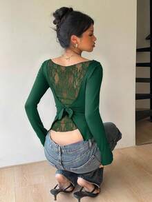 Siren Gaze Women's Lace Patchwork Backbow Slim Fit Long Sleeve Off Shoulder Black Blouse Elegant Spring - Green - View 8