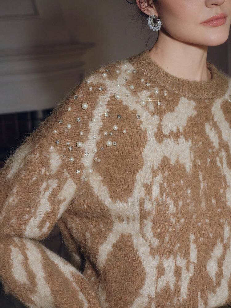 Women's Vintage Leopard Print Fuzzy Crew Neck Long Sleeve Beaded Sparkly New Year's Eve Party Sweater Top, Elegant Knit Blouse For Autumn/Winter