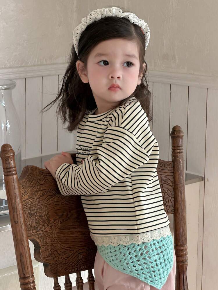 Toddler Girls' Round Neck Striped Bow & Letter Print Casual Top, Spring/Autumn