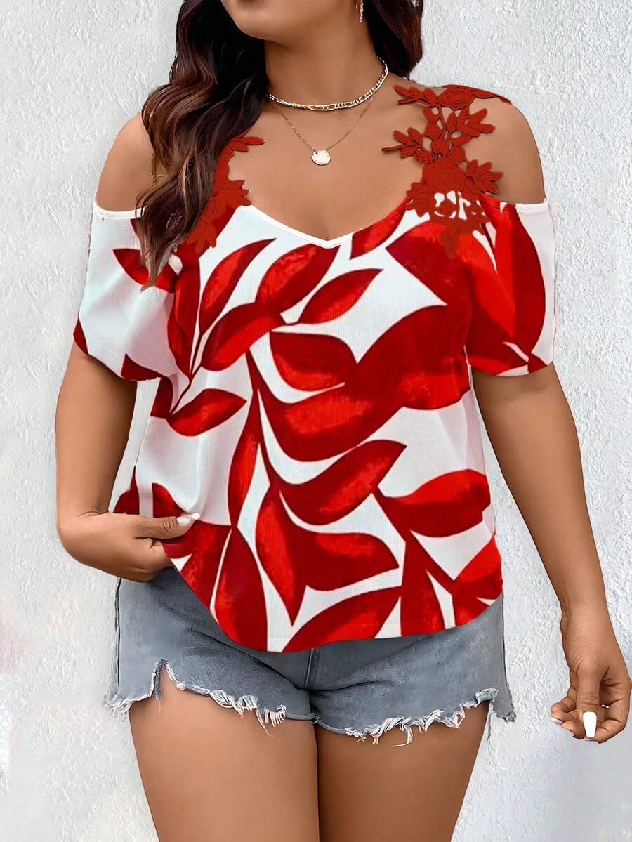 EMERY ROSE Plus Size Summer Casual Vacation Floral Off-Shoulder Blouse,Print Red Top,Casual Blouses For Women - Red and White - View 1
