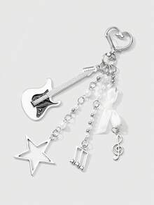 ROMWE Kawaii 2pcs Fashionable & Versatile Silver Chain Faux Pearl Resin Star, Heart, Butterfly, Acrylic Wind Chime, Music Note, Bow Tie, Black & White Electric Guitar Pendant DIY Keychain, Bag Charm, Suitable For Sisters, Best Friends, Couples, Daily Wear, Holiday Gifts - Silver - View 4