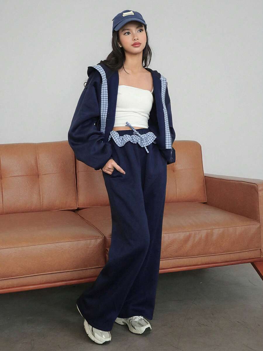 DAZY Teen Girl Plaid Patchwork Zip-Up Hoodie And Pants Casual Tracksuit Set - Navy Blue - View 1