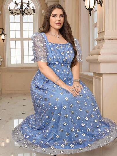 SHEIN Clasi Vestido cuadrado con estampado floral romántico para mujer de talla grande